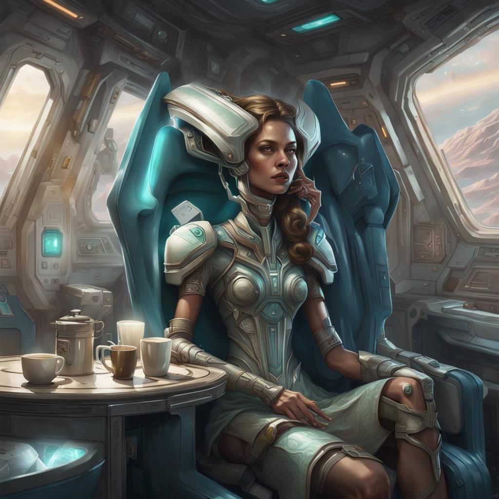 Alien Goddess Sipping Coffee in Space Shuttle