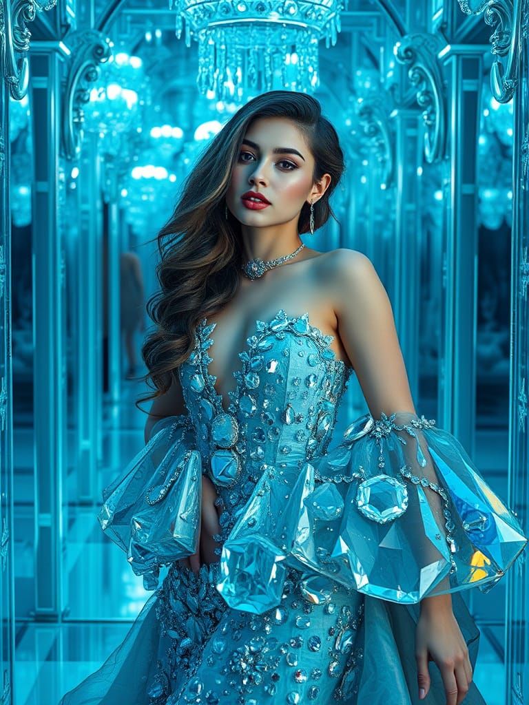 Woman in Crystal Room Wearing Glass Dress
