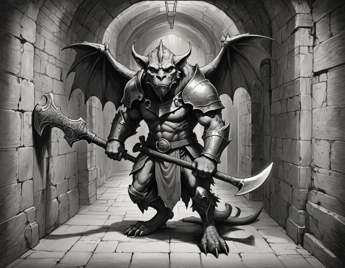 Gargoyle with Axe in Dungeon Sketch