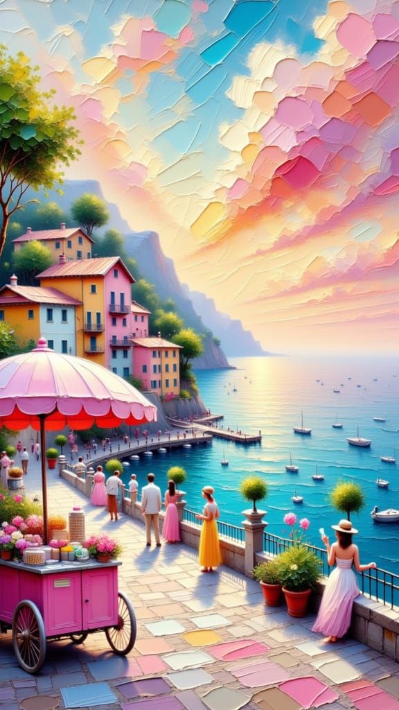 Pastel Cinque Terre Gelato Cart as Impasto Painting