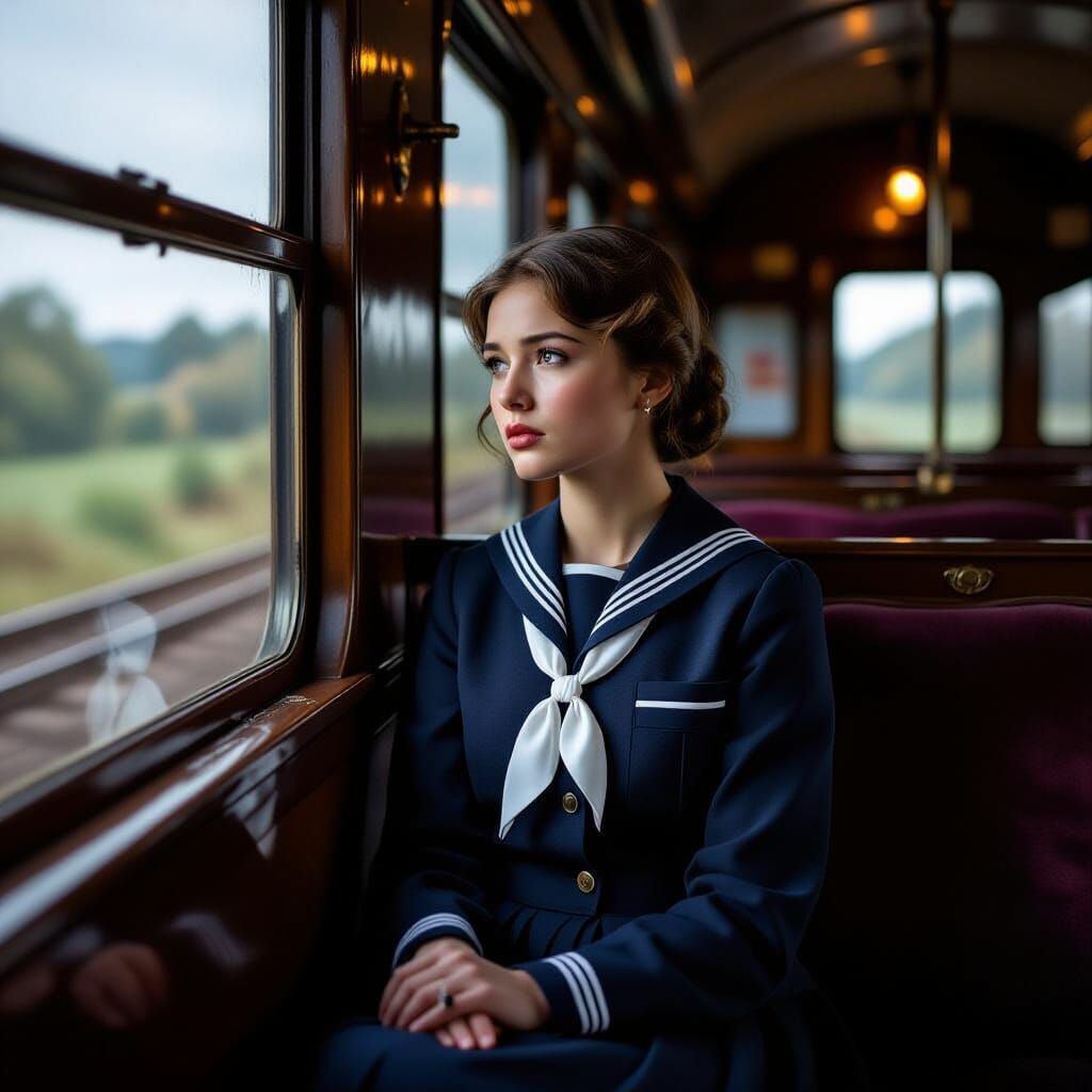 Melancholy Girl in Vintage Train Carriage