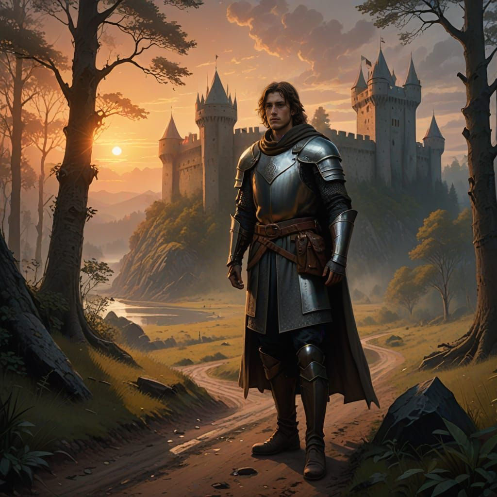 Medieval Warrior Stands Guard at Dusk