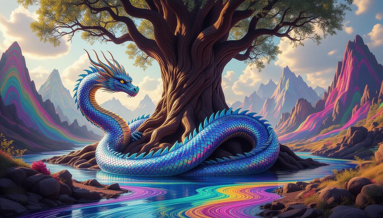 Mercury Dragon Coiled Around Chocolate Tree