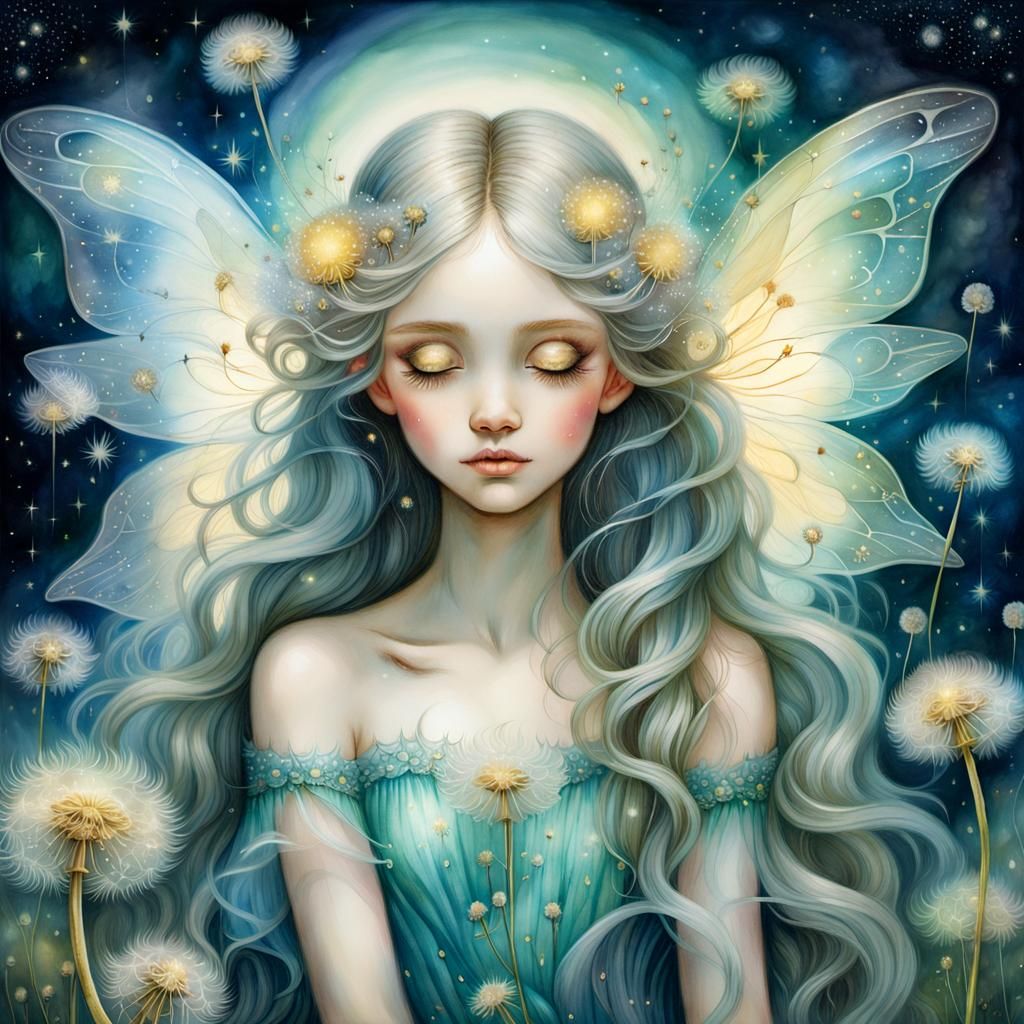 Dreamy Fairy in Dandelion Field, Watercolor Style