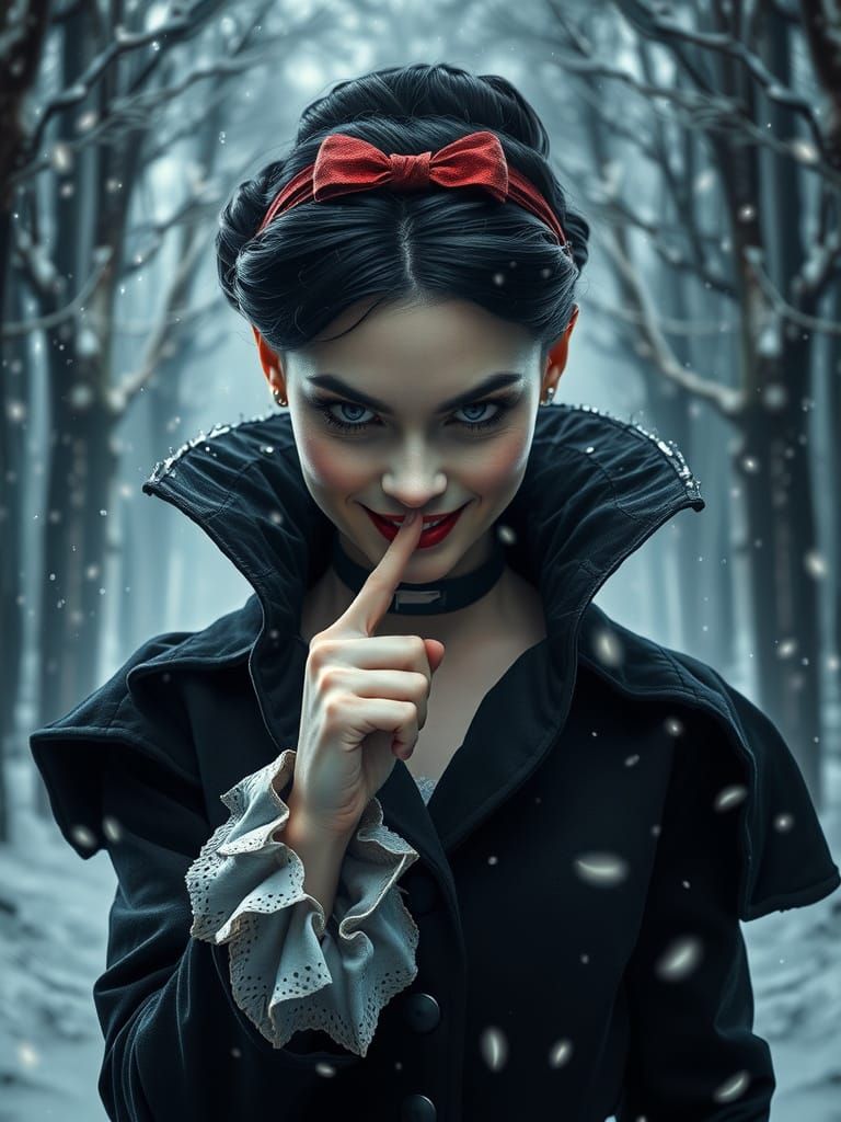 Eerie Snow White in Black Coat Silently Stares