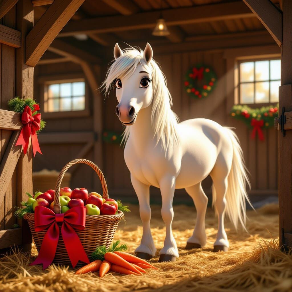 Cute White Horse in Cozy Christmas Stable, Disney Style