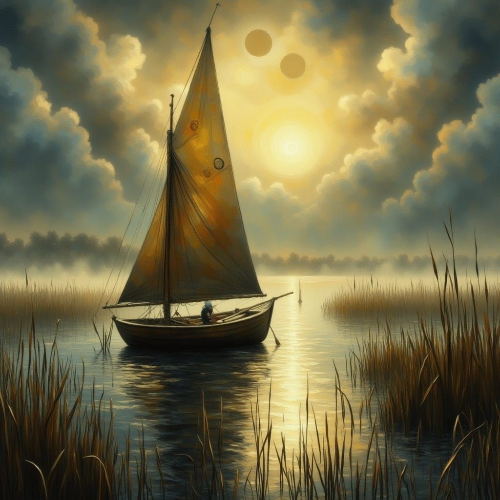 Sailboat on Misty Bay in Impasto Oil Style