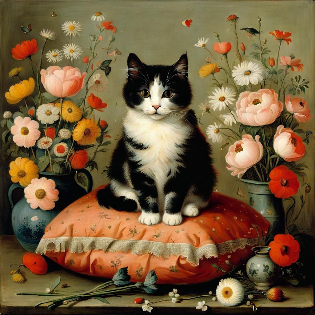 Cat Surrounded by Flowers in Dutch Golden Age Style