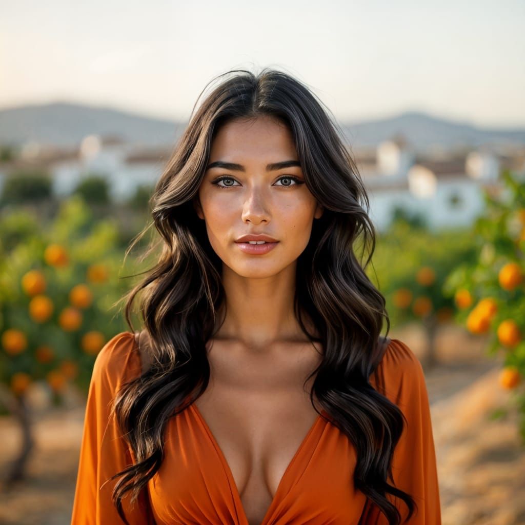 Spanish Woman in Chiffon Dress Amidst Andalusian Landscape
