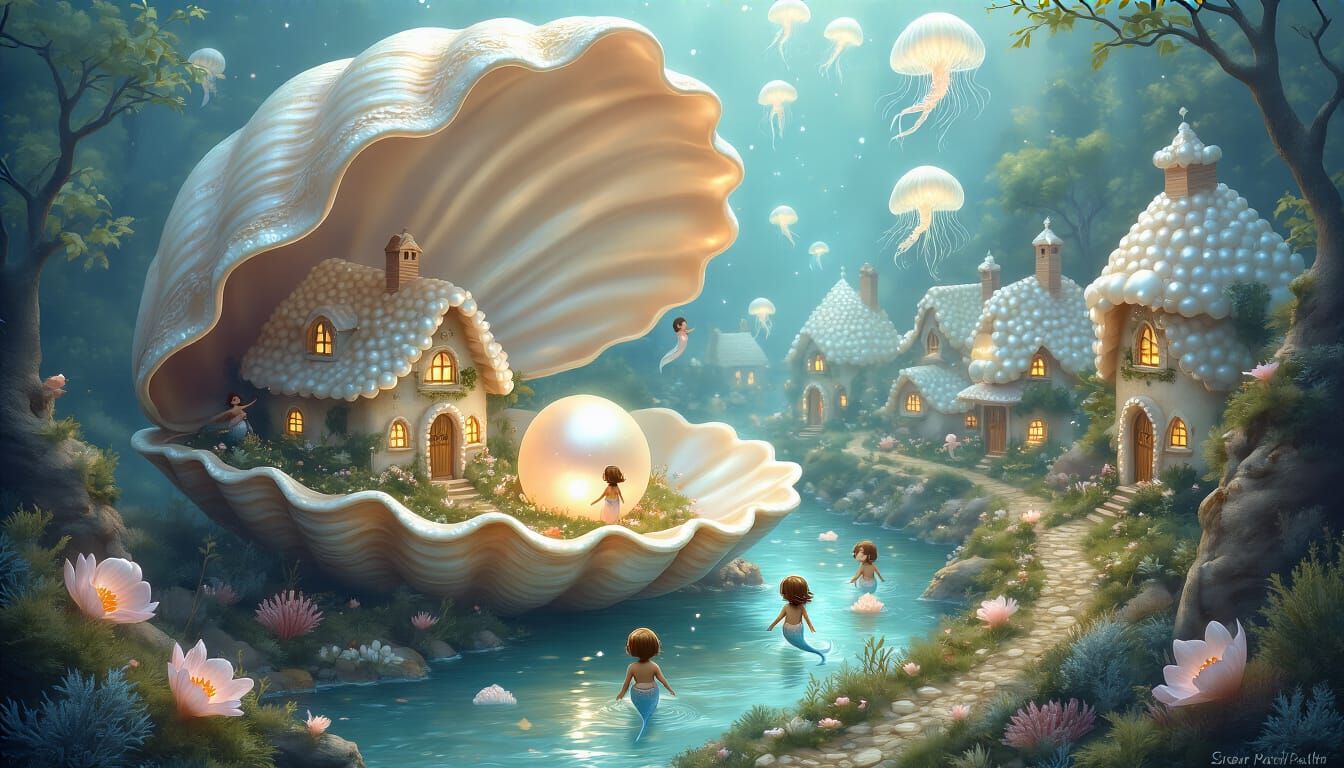 Whimsical Seashell Village with Merfolk, Ethereal Lighting