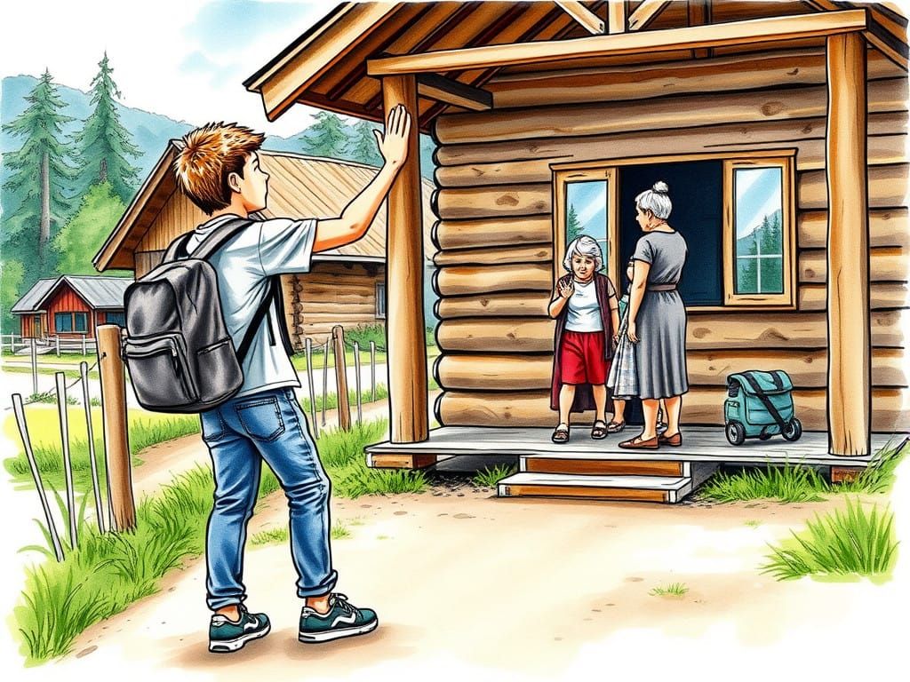 Warm Scene of a Young Man Waving to Parents in a Watercolor...