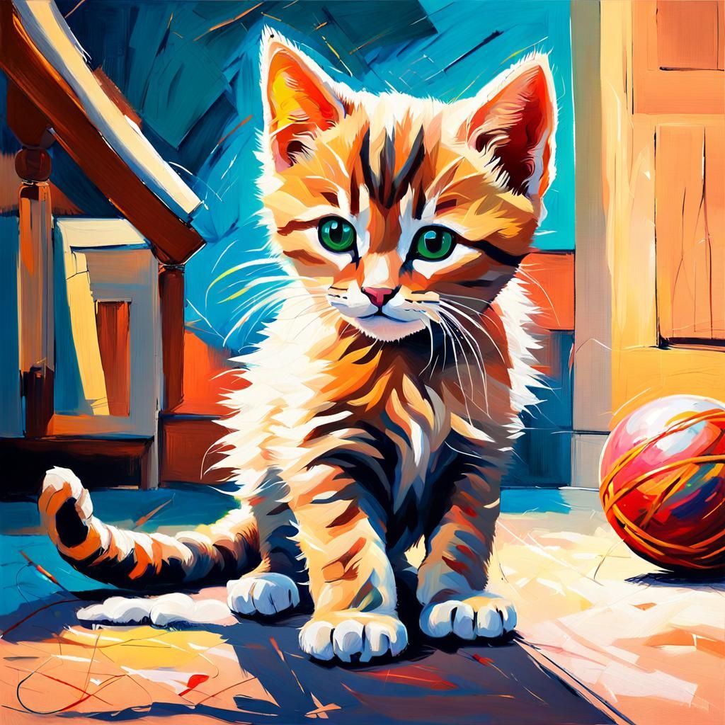 Kitten Playing with String: Fauvist Oil Painting