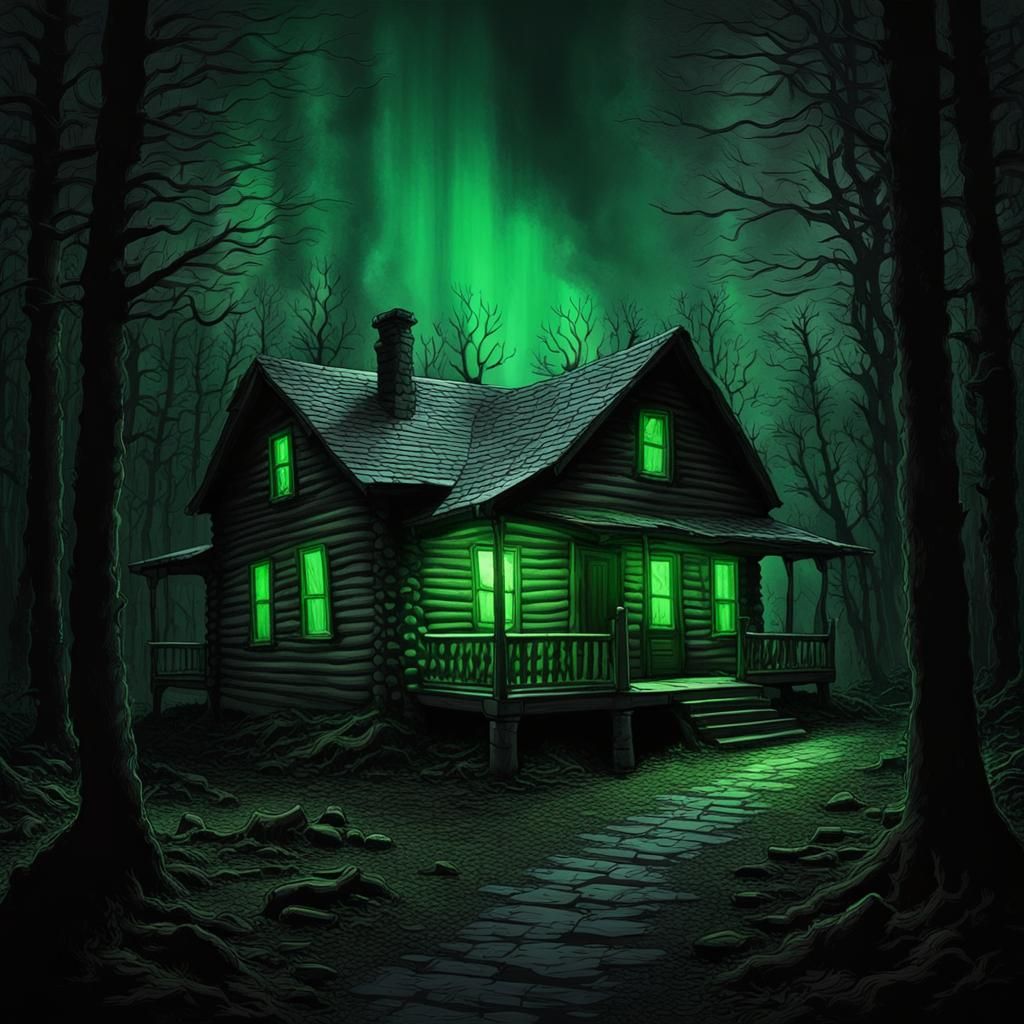 Eerie Green Light on Haunted Cabin in Woods
