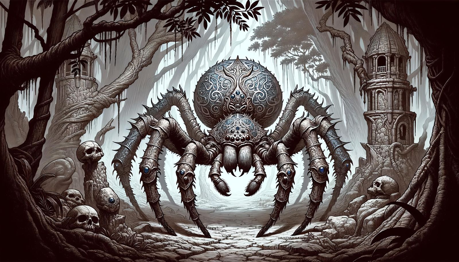 Detailed Fantasy Illustration of a Shape-Shifting Aranea