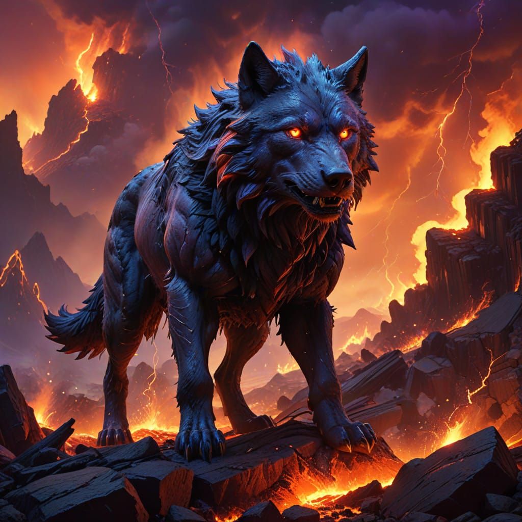 Cyberpunk-Style Dire Wolf Amidst Lava Ruins