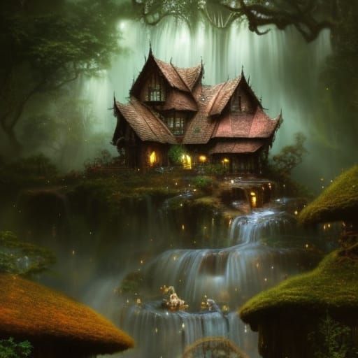 Mushroom House Waterfall Garden with Fairies