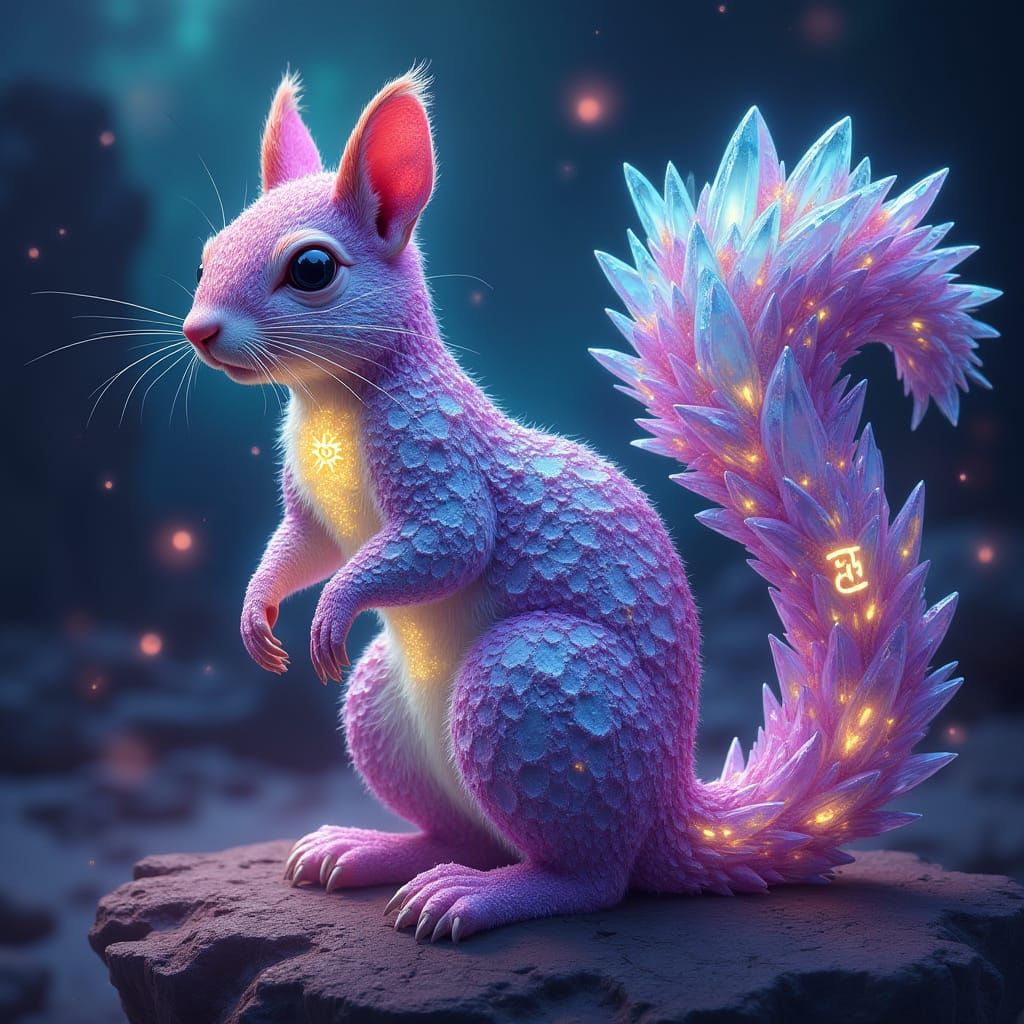 Crystal Squirrel in Ethereal Dreamscape with Glowing Sigils