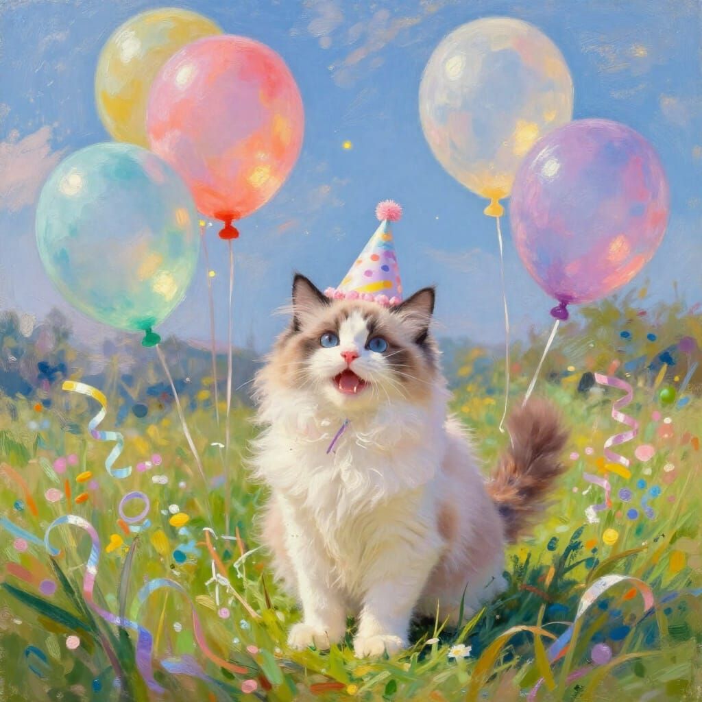 Fluffy Kitten Birthday Party in Sun-Dappled Meadow