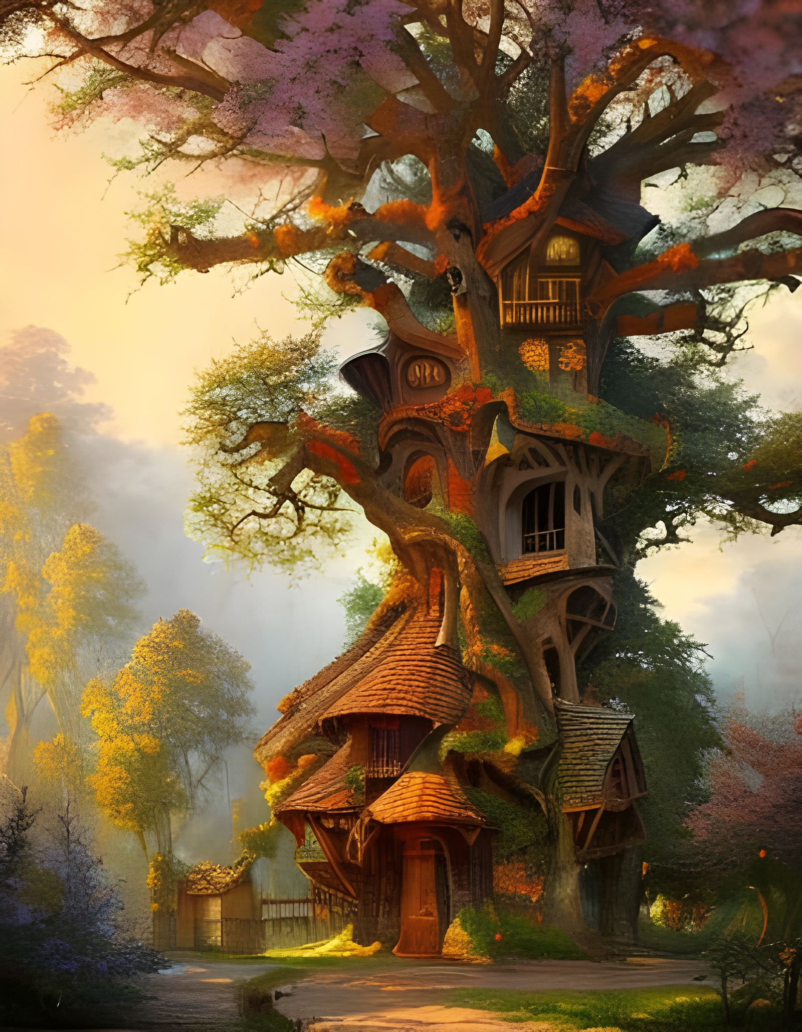 Fairytale Treehouse Melds with Ancient Oak, Detailed Oil Pai...