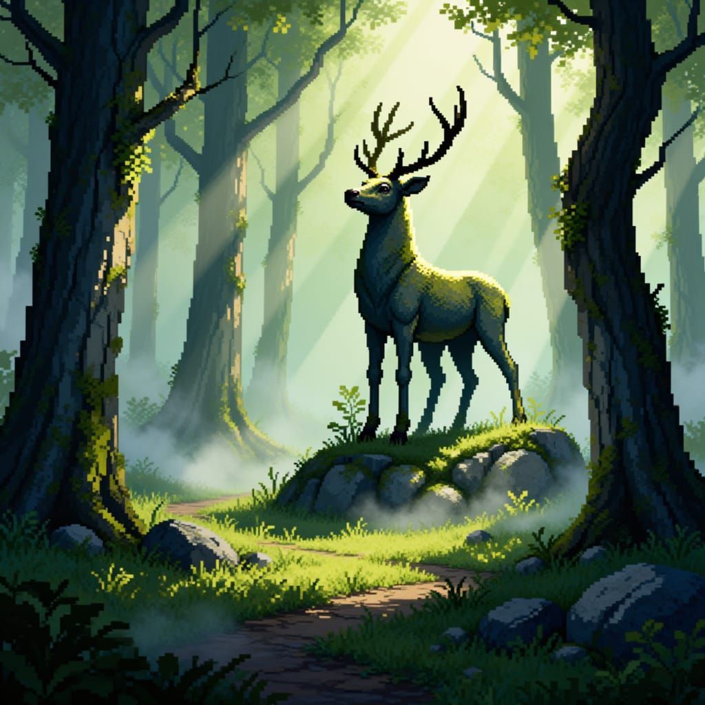 Pixel Art Stone Stag in Misty Forest Clearing