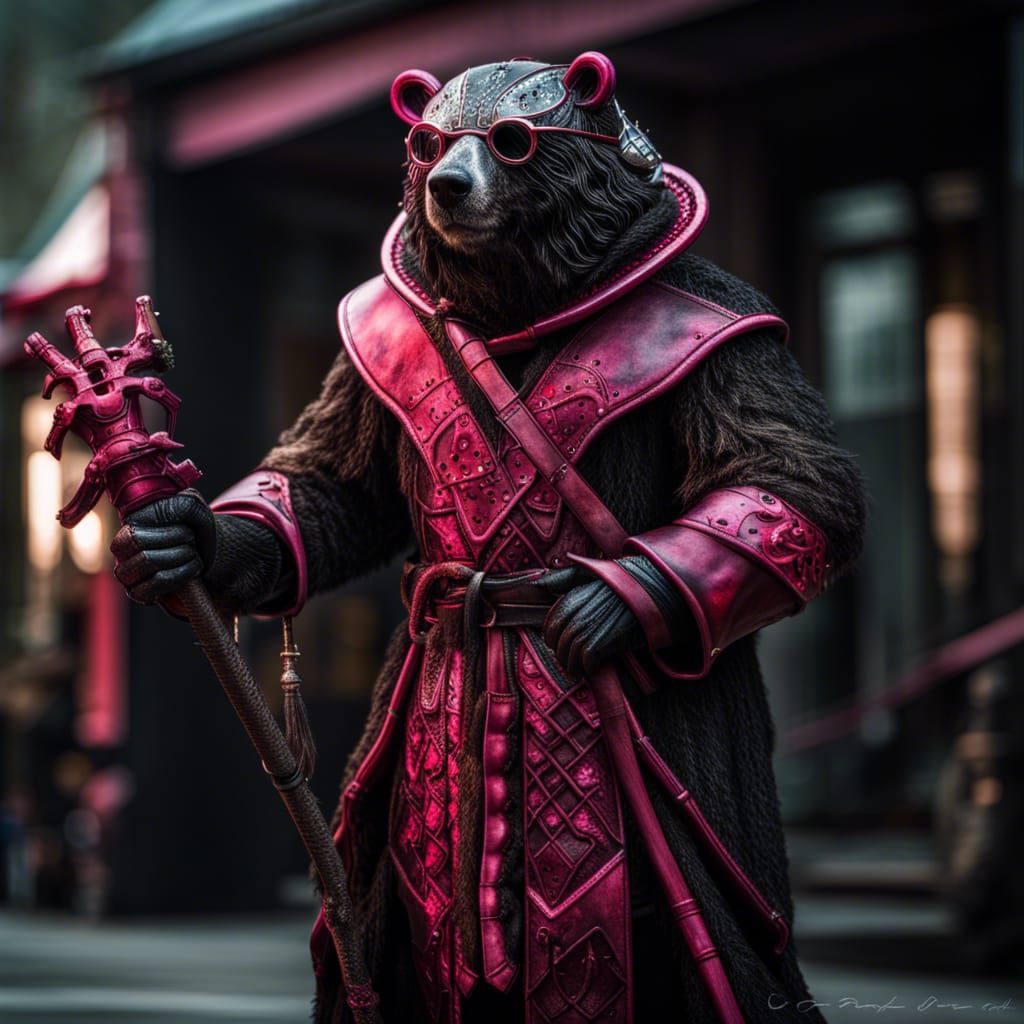 Towering Armored Druid Bear in Black Trench Coat
