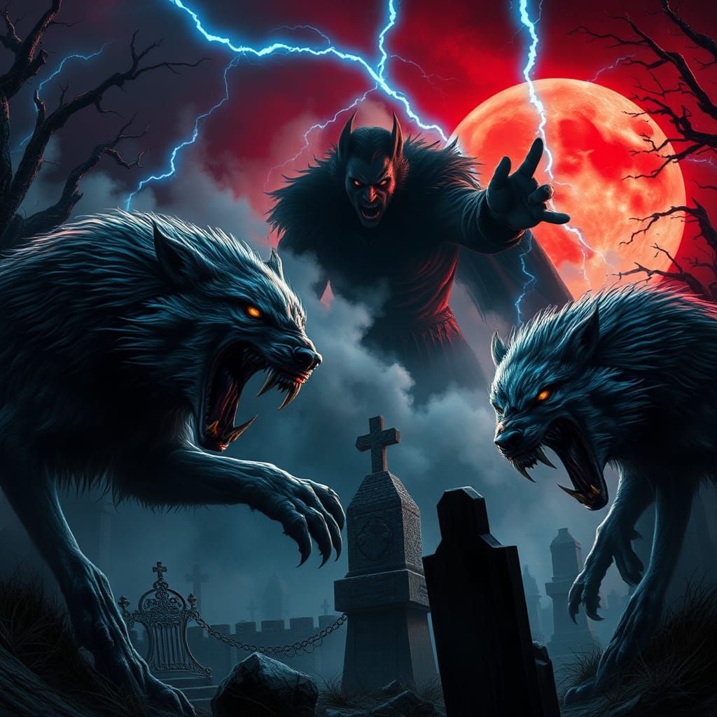 Werewolves Clash with Dracula Under Red Moon