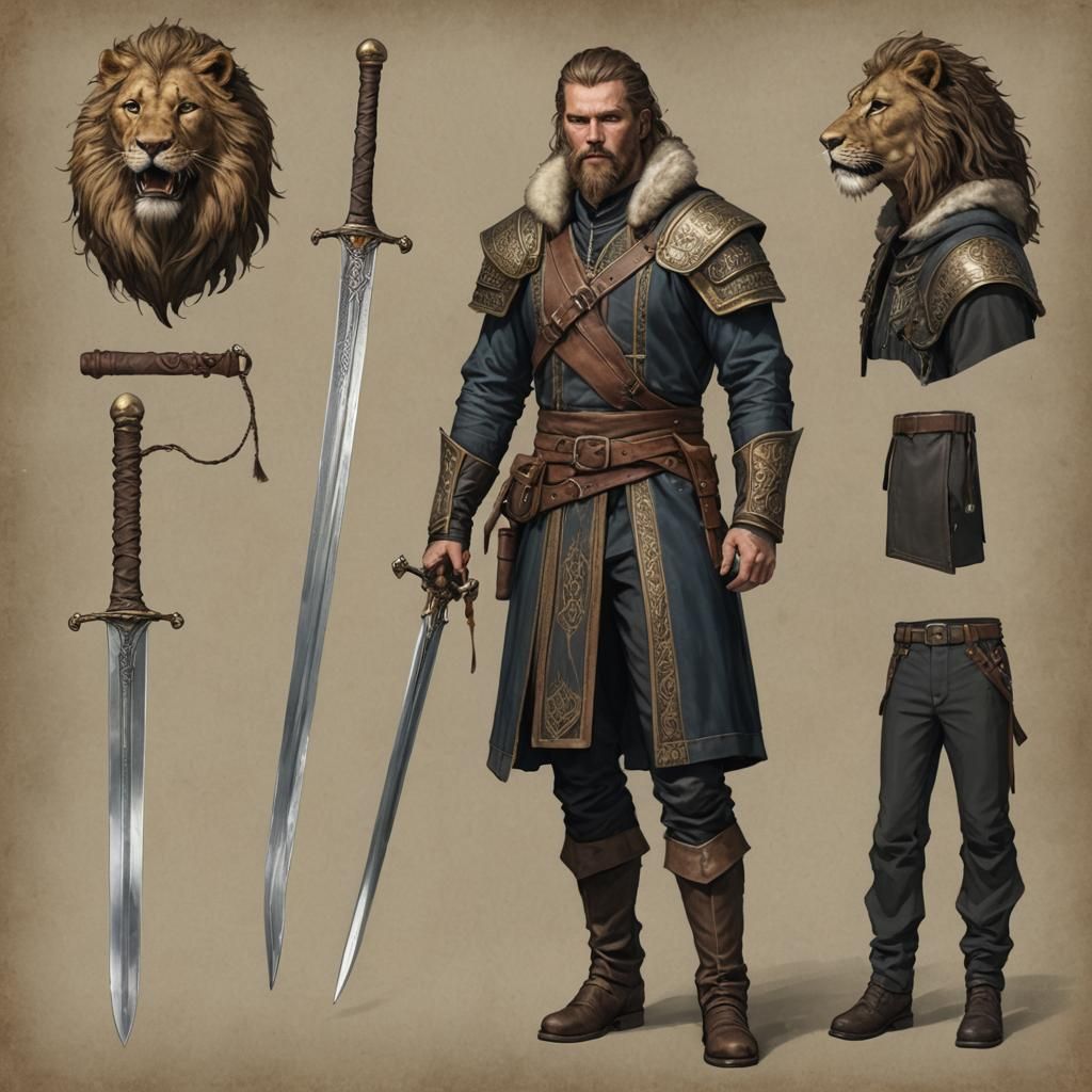 Fantasy Character with Viking Longsword and Ornate Attire