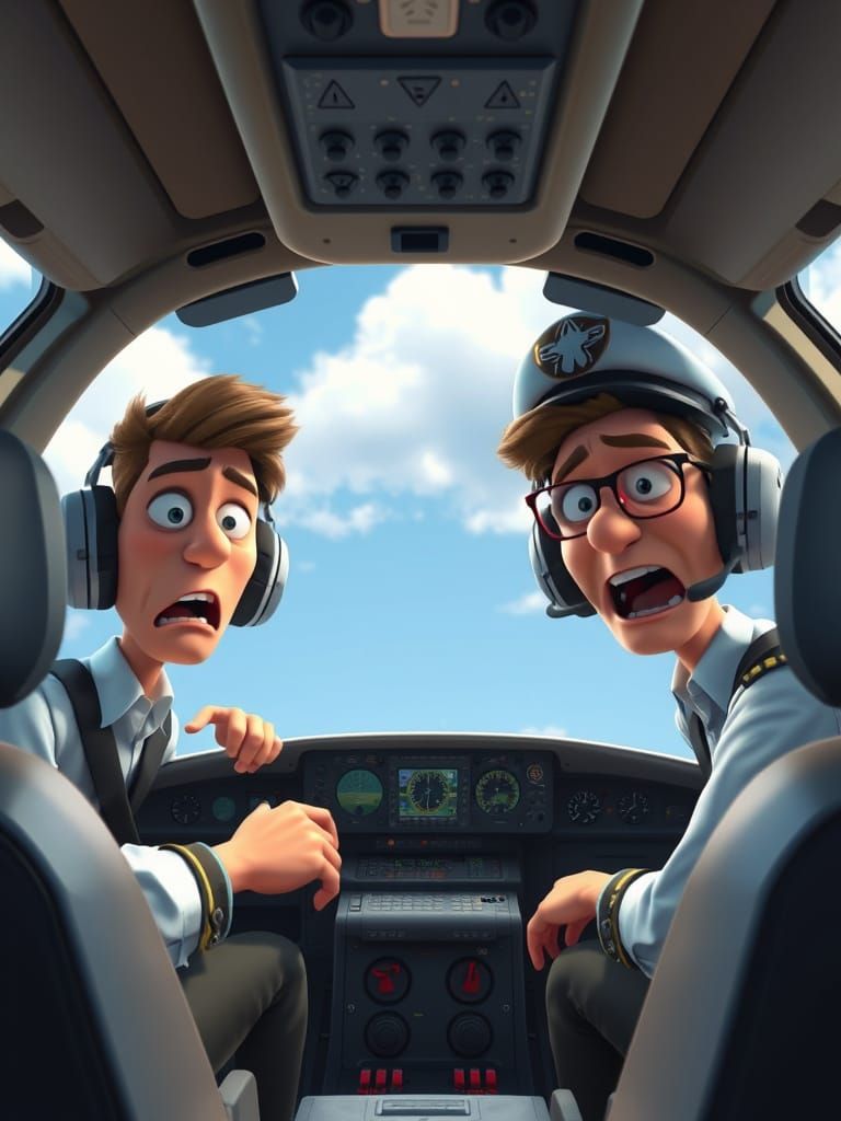 Humorous Pixar-Style Pilots React in Cockpit