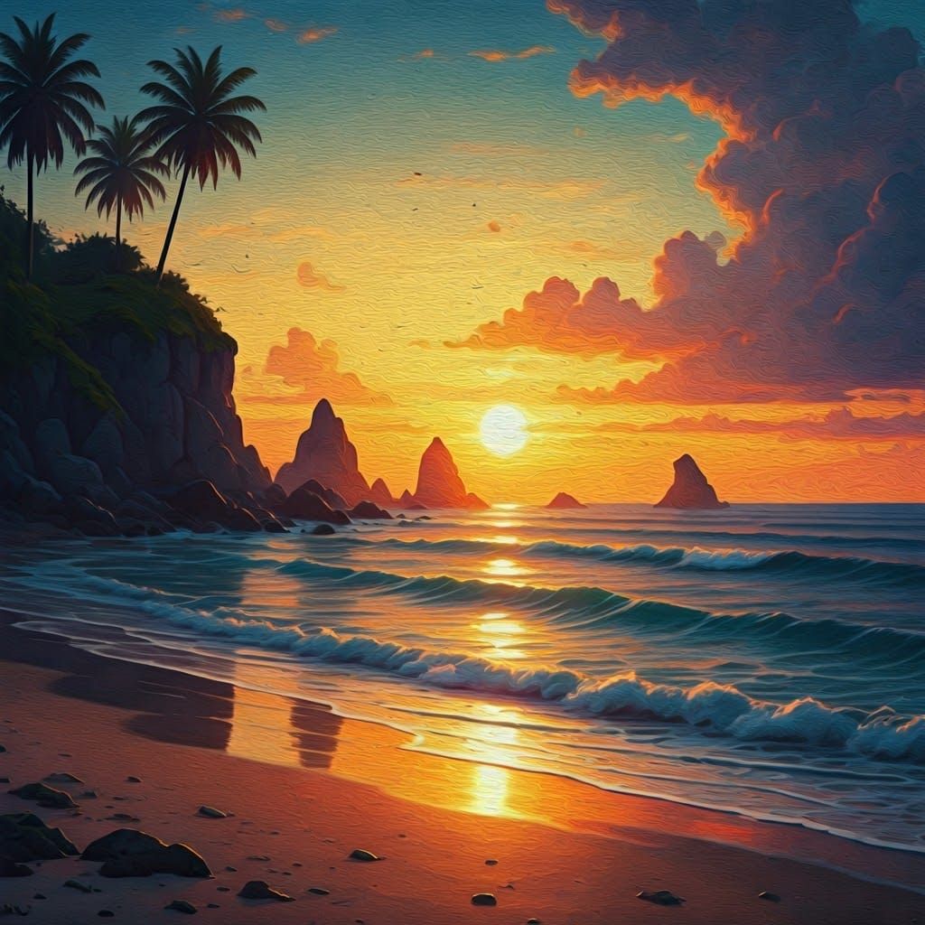 Sunset Beach Impressionism: Golden Light on the Shore