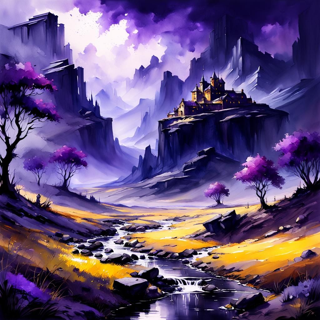 Dark Fantasy Landscape in Watercolor Style