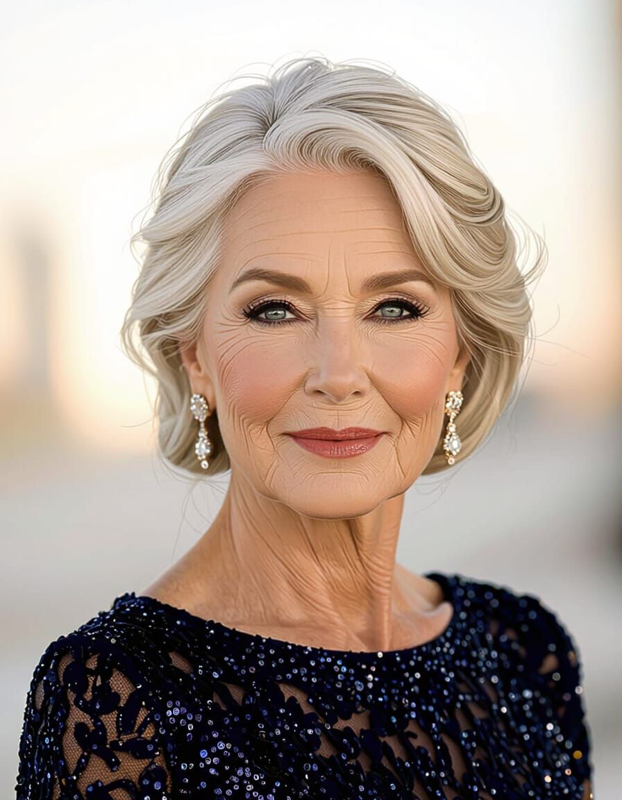 Elegant Elderly Woman in Sparkly Navy Dress at Wedding