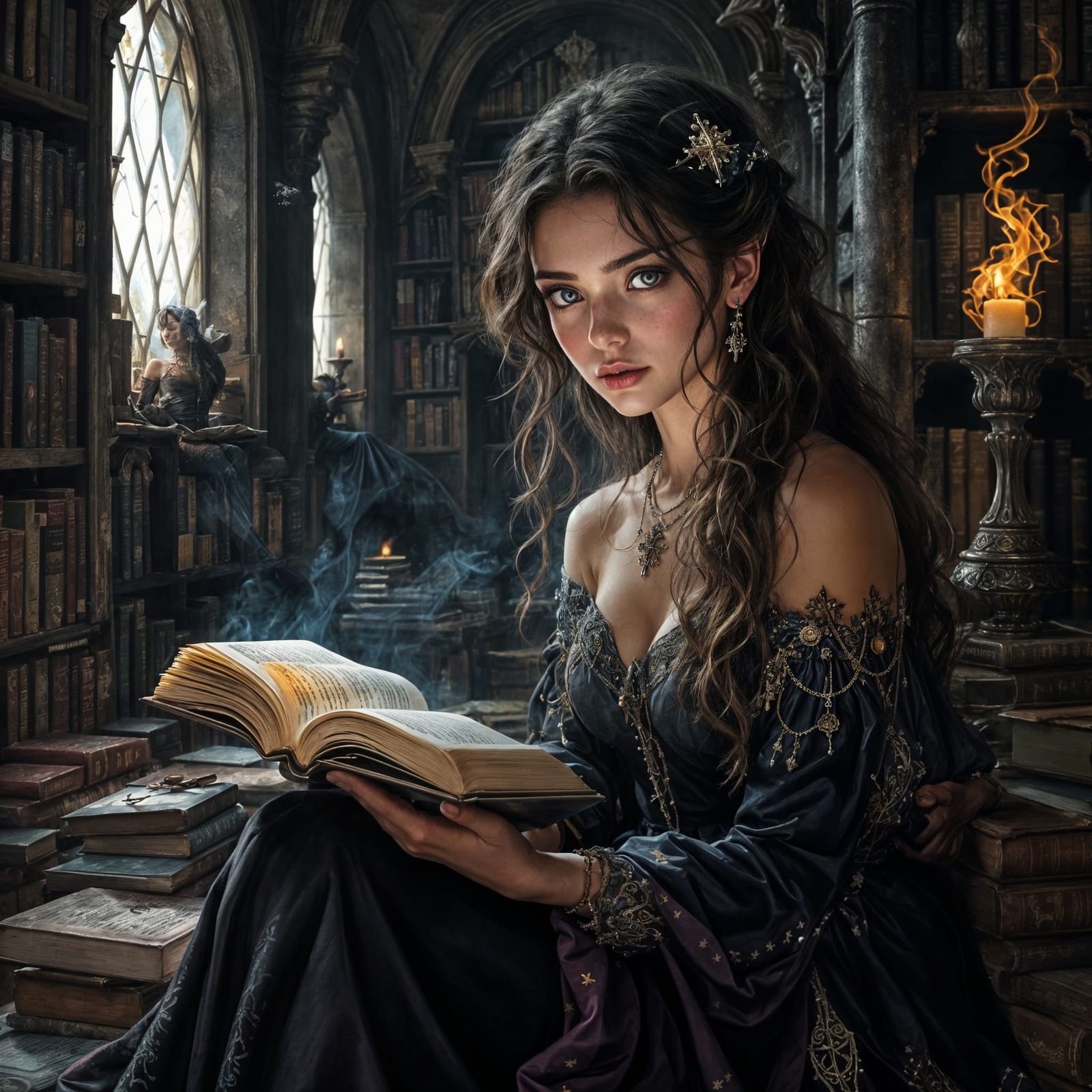 Mysterious Wizard in Dark Library, Pastel Fantasy Portrait
