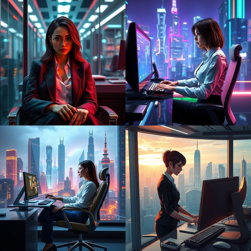 American Woman in Futuristic Office, 2025 Cyberpunk Style