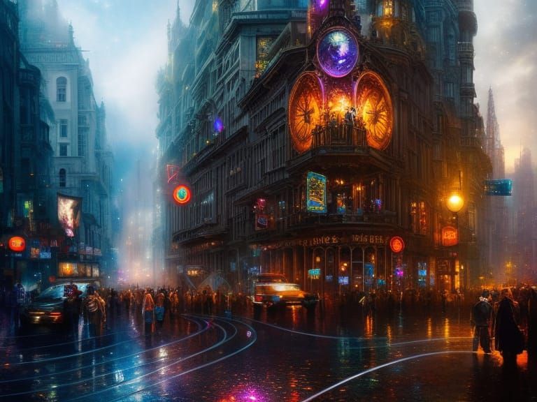 Cute Ghost Crosses Street in Cyberpunk Cityscape