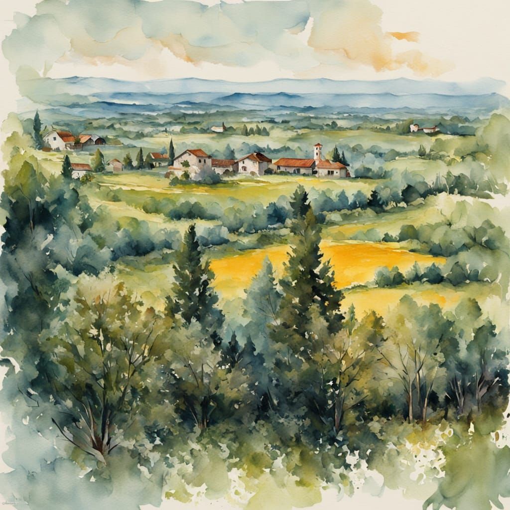 Impressionist Gouache Landscape with Villages in Watercolor ...