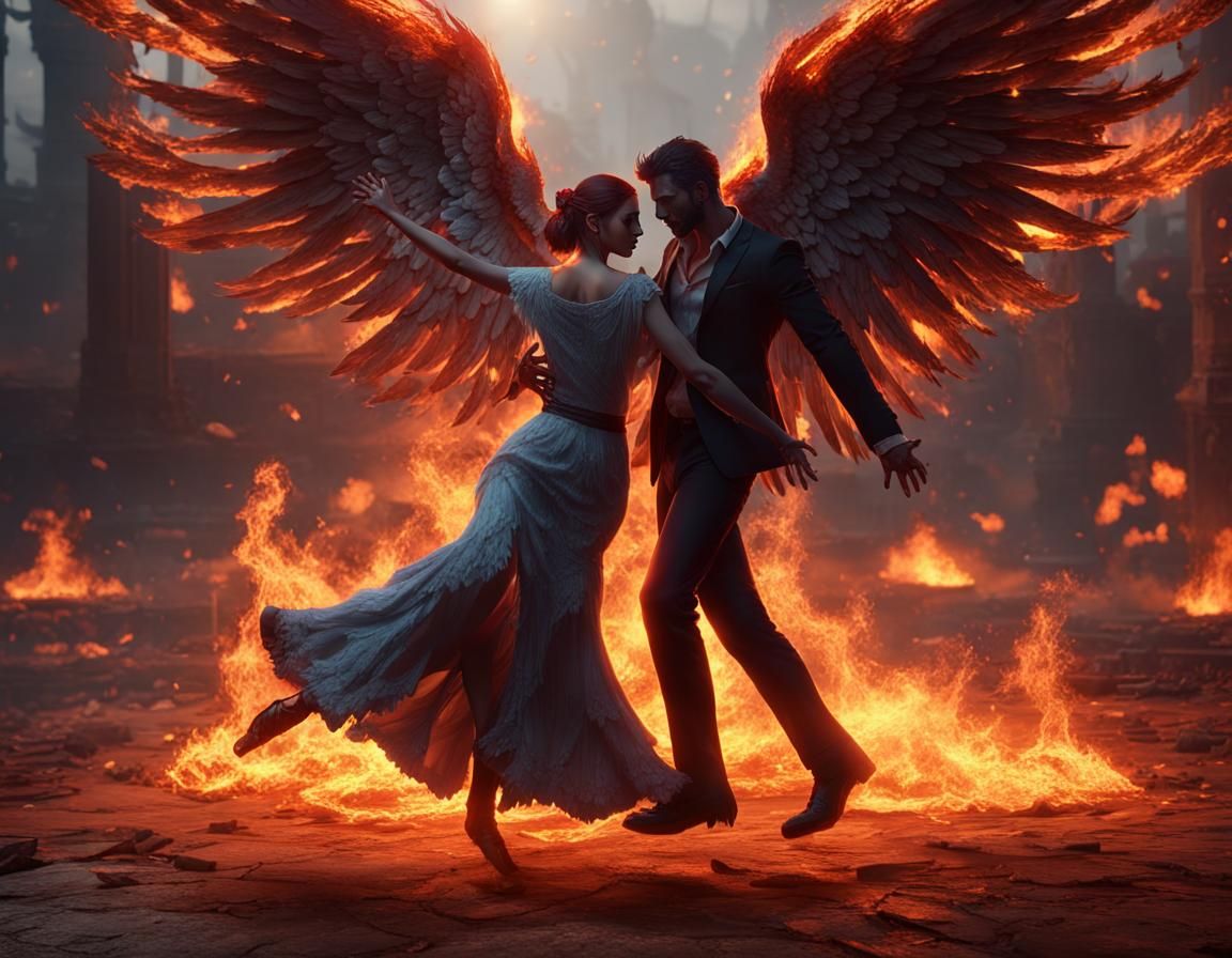 Angel and Devil Tango on Burning Ground: Photorealistic