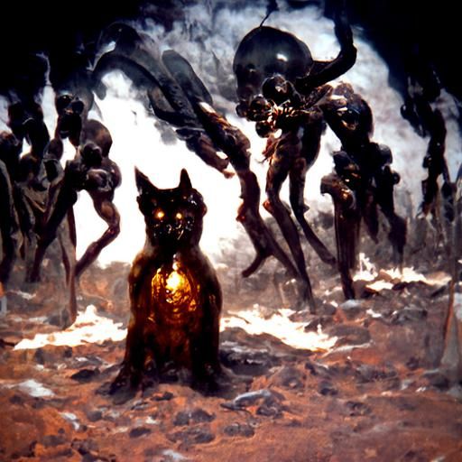 Golden Cat in Hellish Apocalypse: Horror Art
