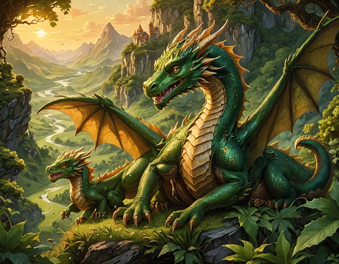 Mother Dragon Watching Babies Play in Lush Valley