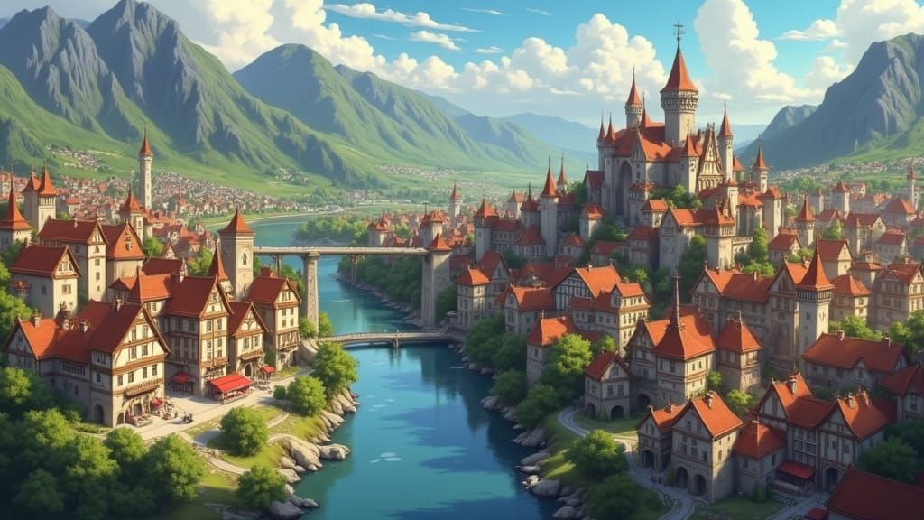 Epic Anime Medieval Townscape in Studio Trigger Style