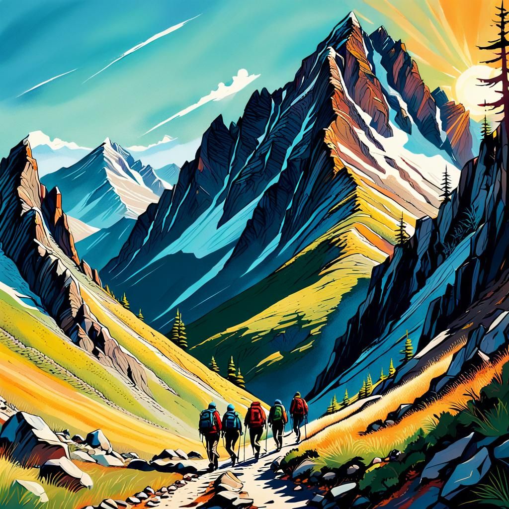 Hikers Trekking on Mountain Trail in Sunlight