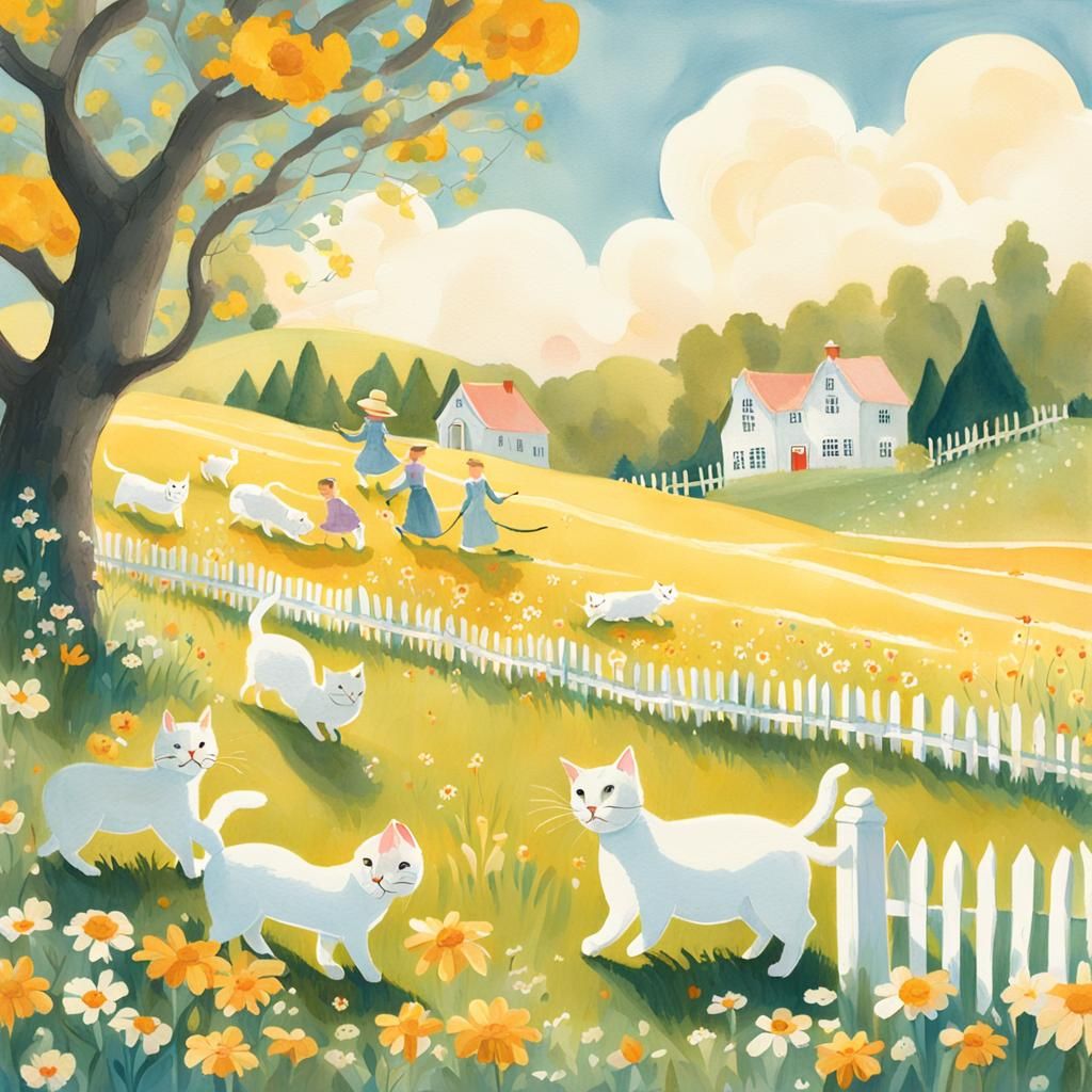 Bo-Peep Herding Cats in Whimsical Gouache Illustration