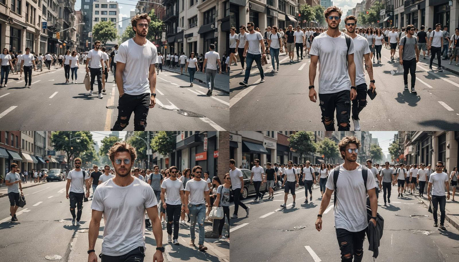 Hyperrealistic Man in Ripped Jeans Walking Street