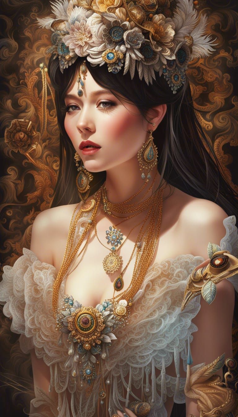 Elaborate Portrait of Romantic Princess in Detailed Oil Pain...