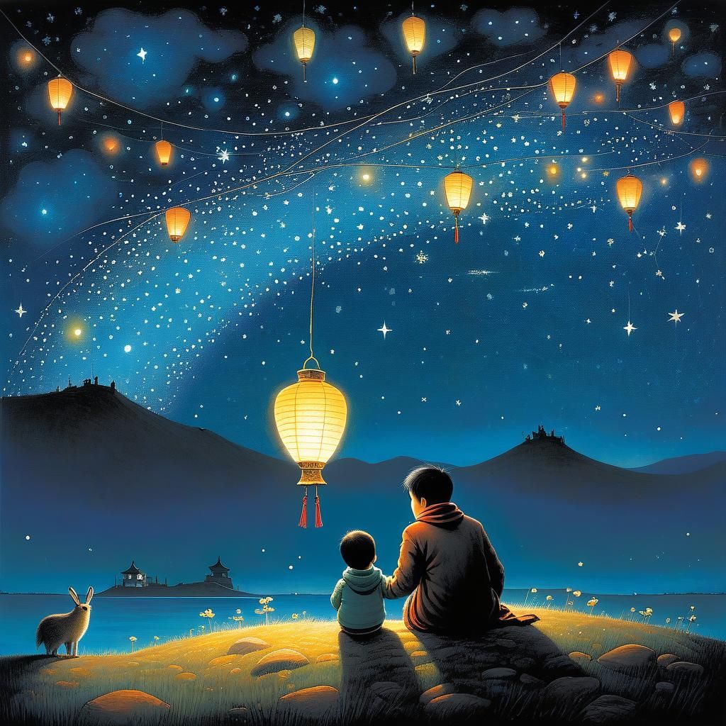 Dreamlike Creature Comforts Child Under Starry Sky