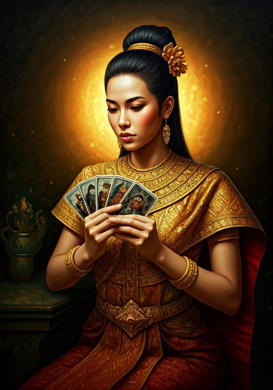 Thai Woman with Tarot Cards: Oil Painting