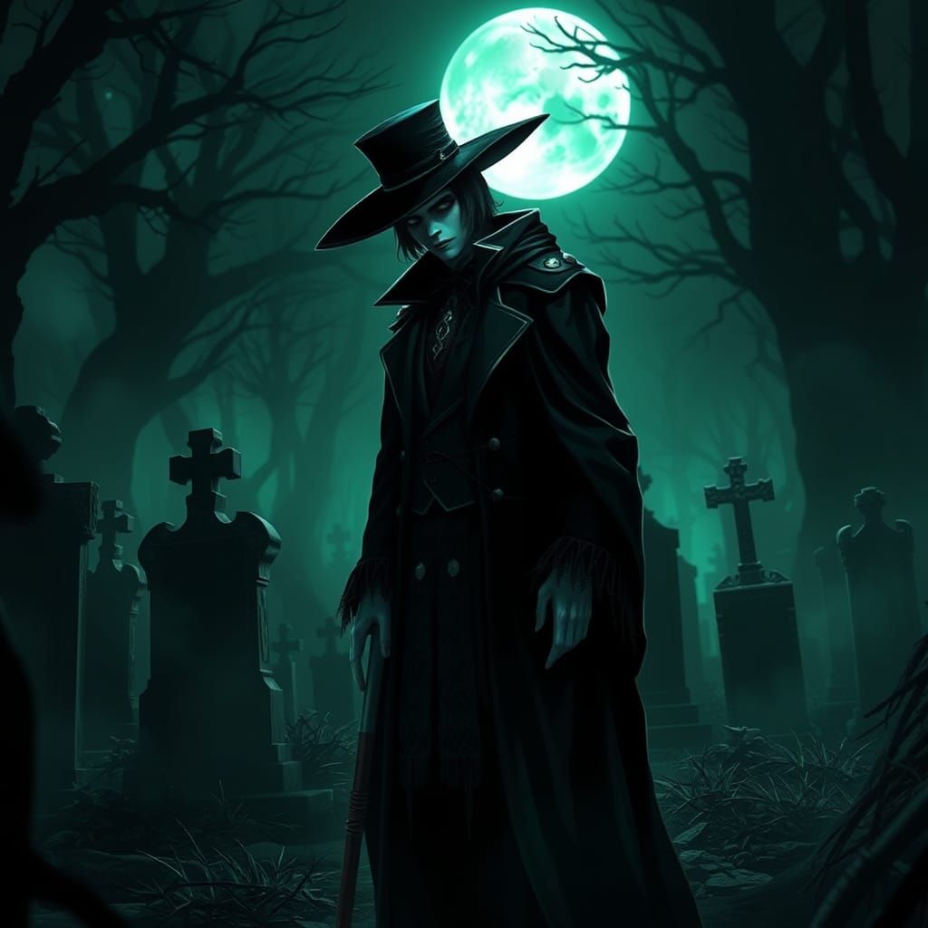 Grim Reaper Anime in Graveyard, Oil Painting Style
