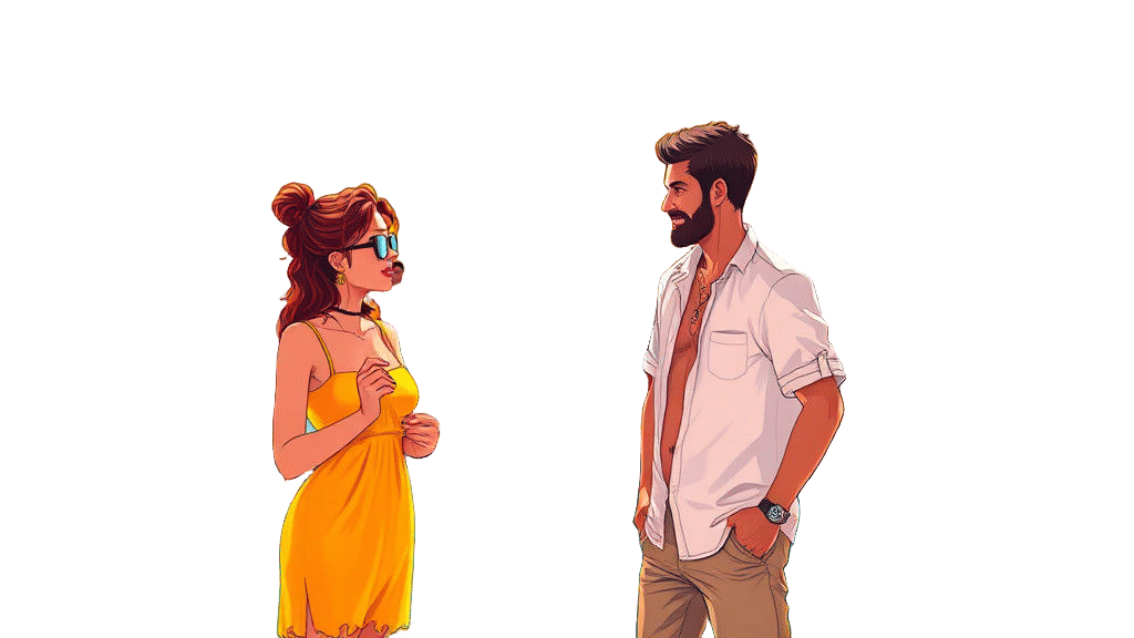 Anime Conversation at Pool Party in Cel-Shaded Style