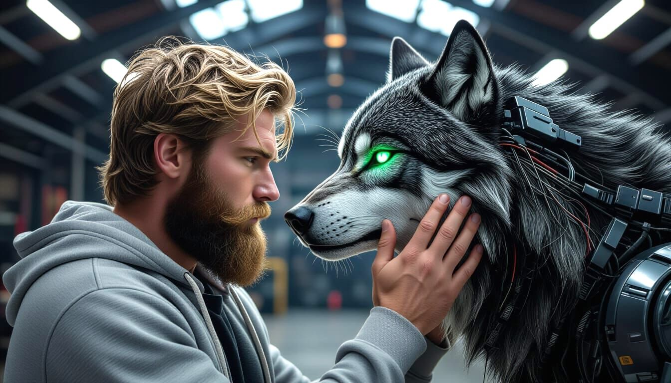 Sci-Fi Portrait: Man and Cybernetic Wolf in Tender Embrace