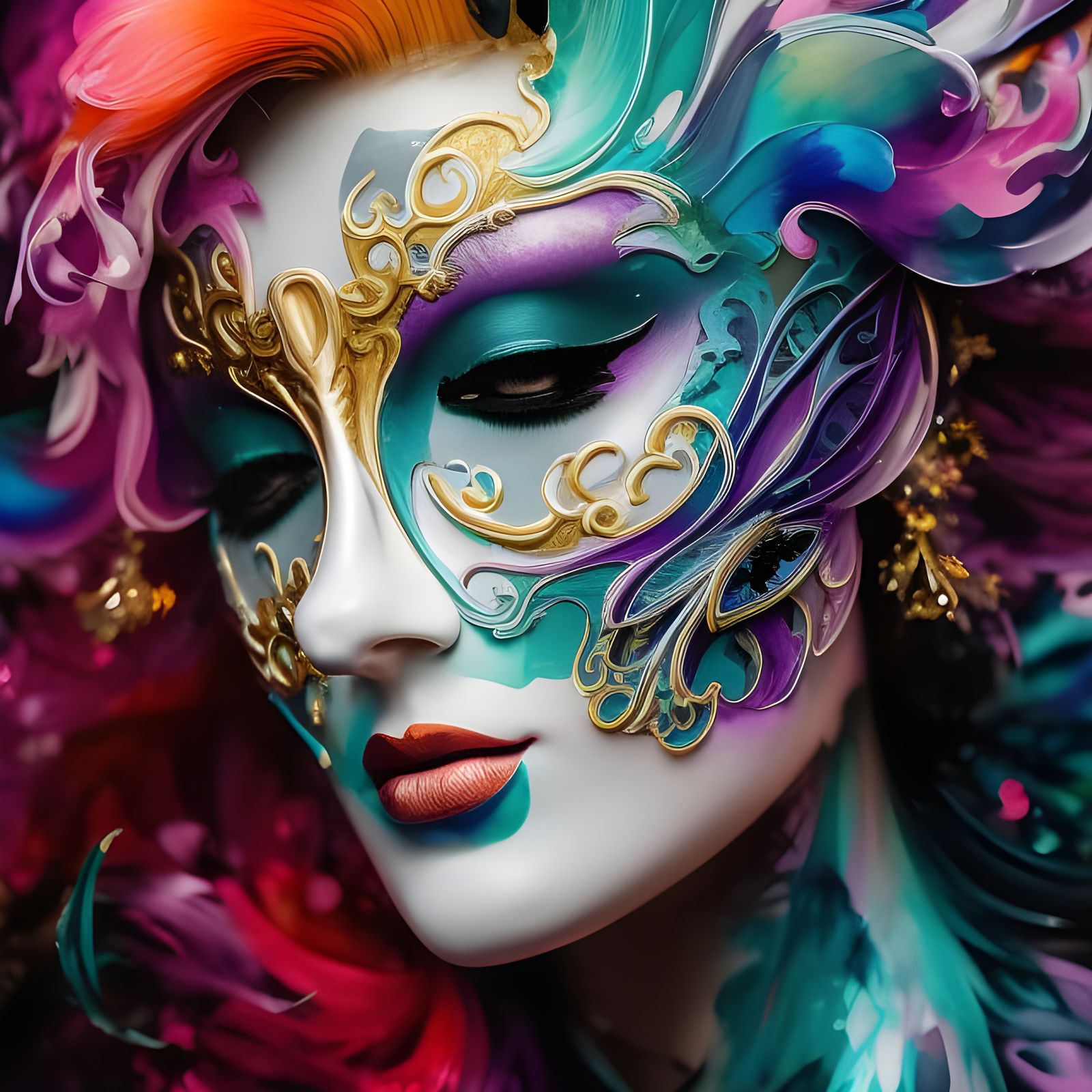 Colorful Masquerade Mask Portrait in Gouache Style