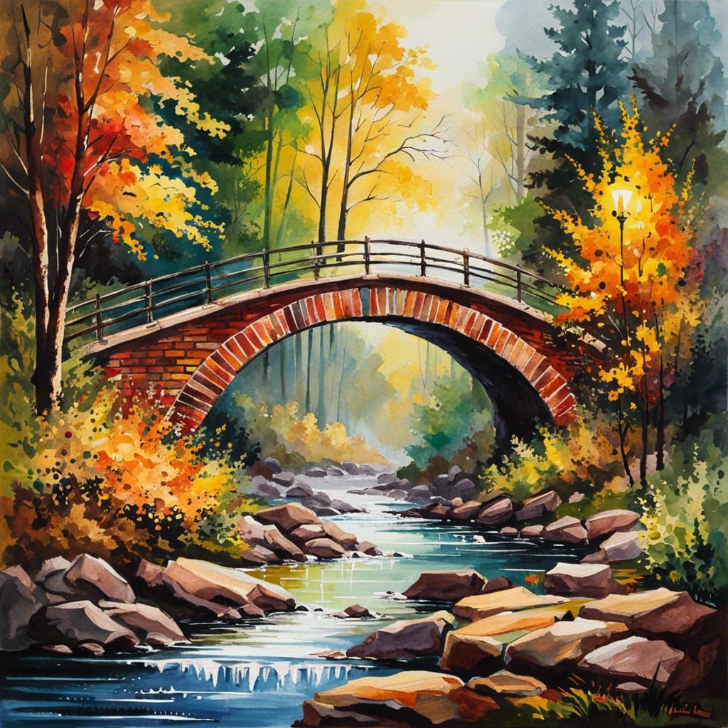 Brick Bridge Over River in Watercolor Style
